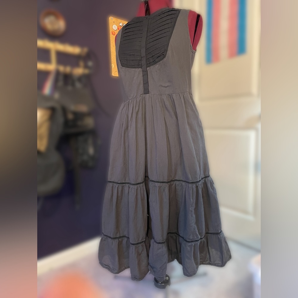 Dark Gray Pintuck Bib Cotton Tier Midi Dress w/ pockets